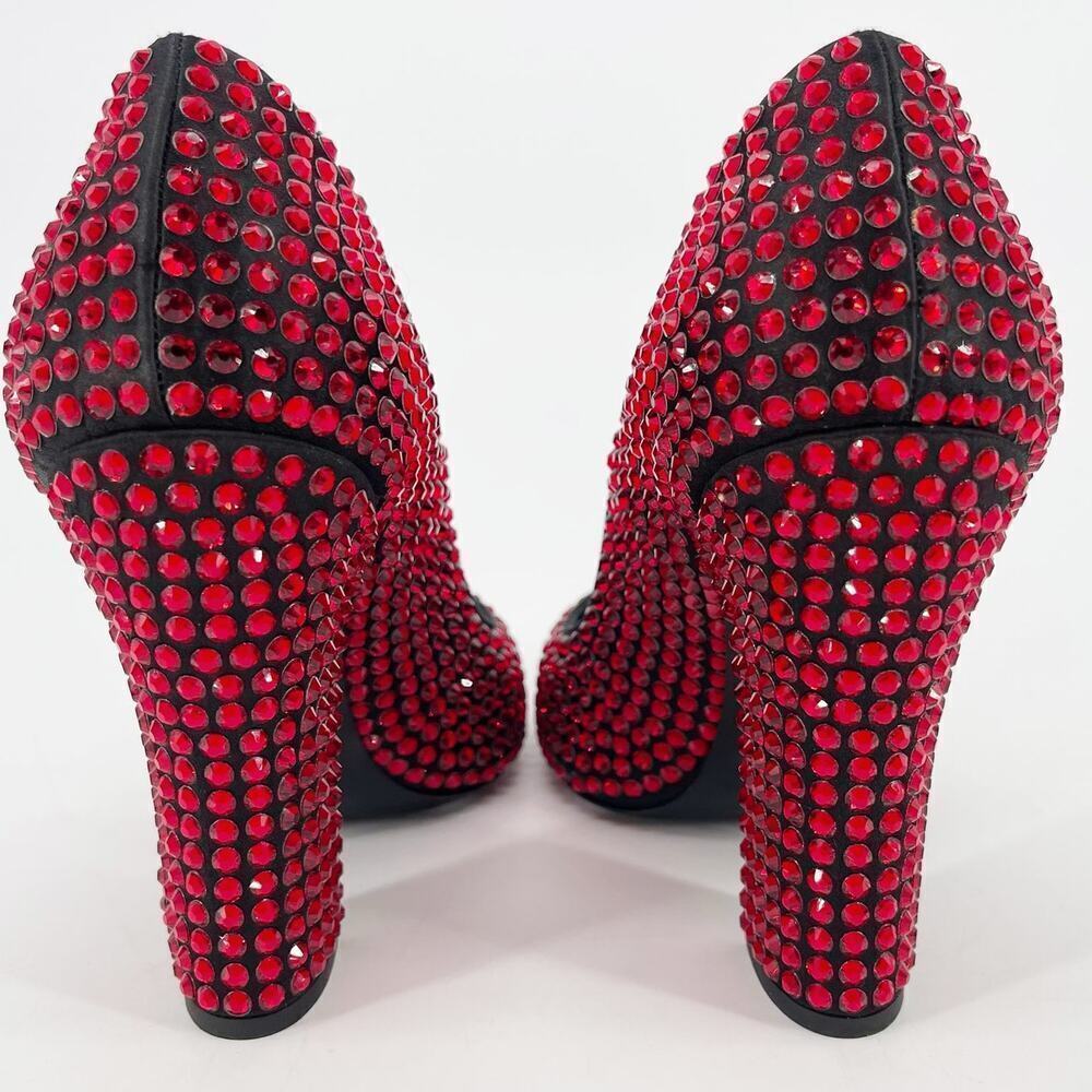 Prada Red Crystal Covered Satin Block Heel Ruby Slipper Pumps IT 37.5 Runway - Picture 9 of 12